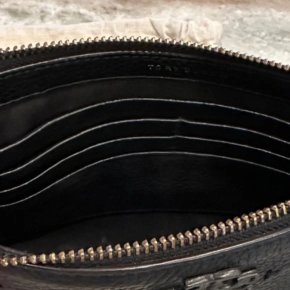 Tory Burch Womens Leather Logo Embellished Flat Small Crossbody Handbag Black - Picture 10 of 12